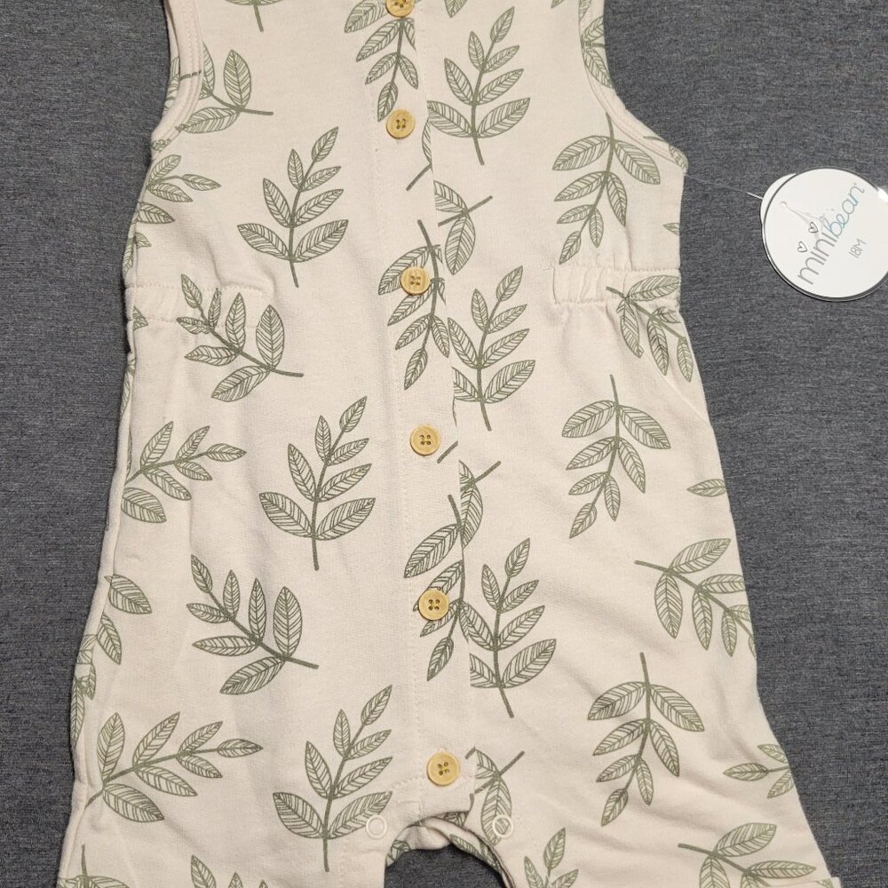 Boy or girl romper, Mini bean, size 18 mos. Tan and green, new with tags